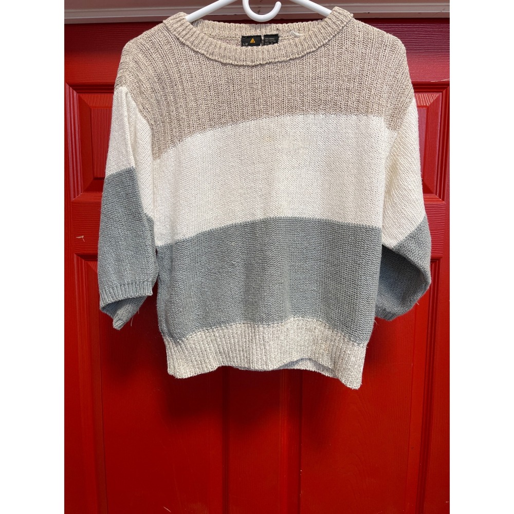 Liz Claiborne Vintage Colorblock Knit Sweater Tan Cream Grey Ramie Cotton Small